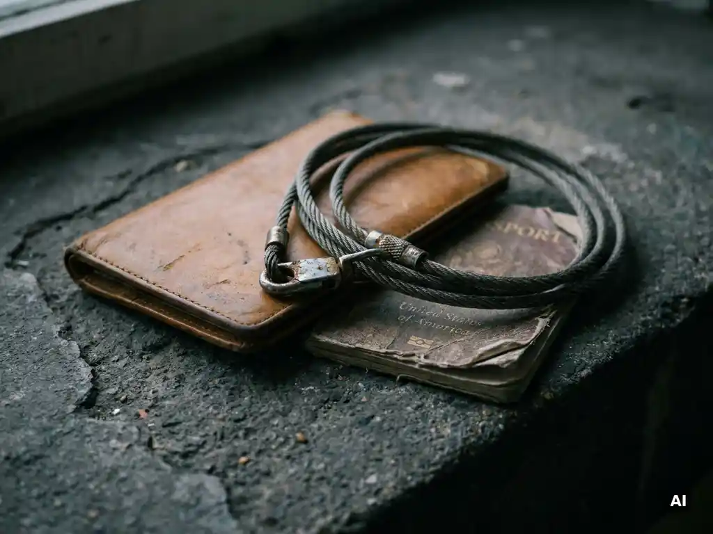 Worn leather travel wallet and passport on concrete surface secured with a coiled steel cable lock in dim, moody lighting.