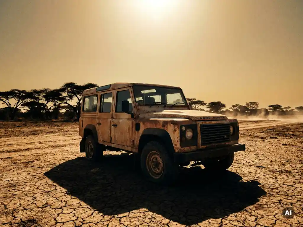 Weathered 4x4 truck parked on cracked desert road through Sahel scrubland, acacia silhouettes and golden dry grass under harsh midday sun.