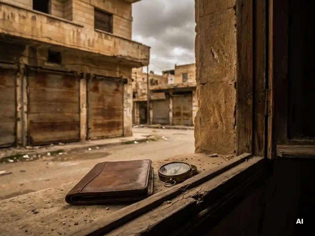 Worn leather travel document holder and compass on a dusty Syrian windowsill overlooking a quiet, crumbling amber-toned street.