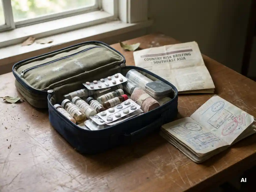 Weathered travel medical kit open on a wooden table with vaccines, antimalarial pills, country risk briefing, and stamped passport in soft window light.
