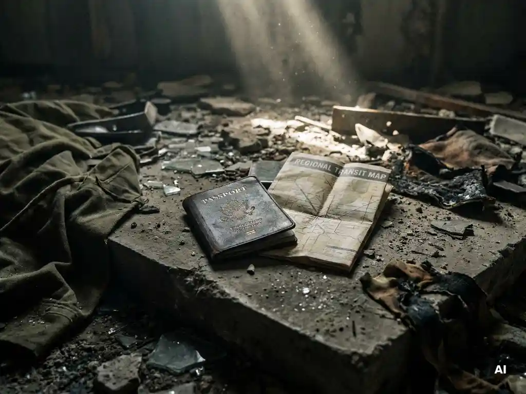 Worn leather passport and folded regional map on cracked concrete, scattered debris and dust, harsh daylight cutting across a tense, foreboding scene.