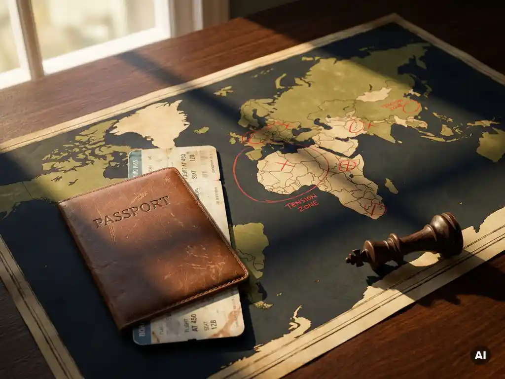 Worn leather passport and boarding pass on a world map with tension zones, fractured chess king nearby on a mahogany desk.