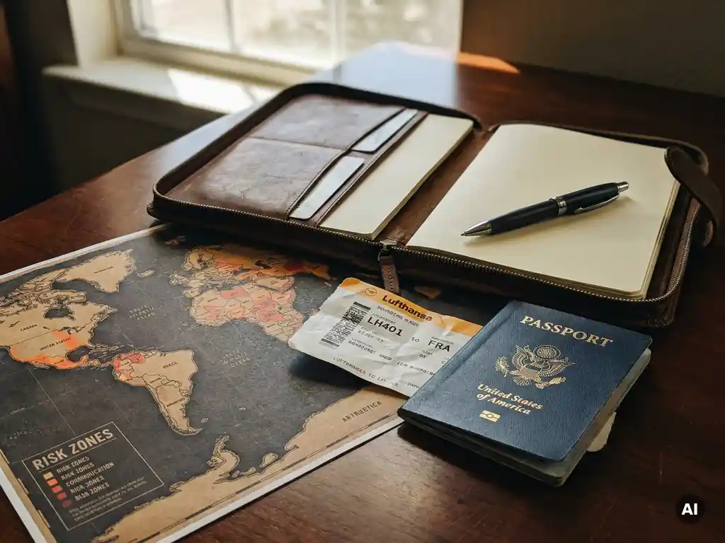 Worn leather travel portfolio open on a dark desk with a passport, boarding pass, and world map marked with highlighted risk zones.