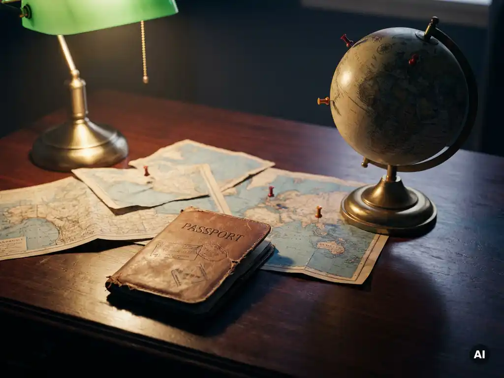 Worn leather passport and folded paper maps on a mahogany desk beside a small globe with red and amber warning markers on multiple continents.