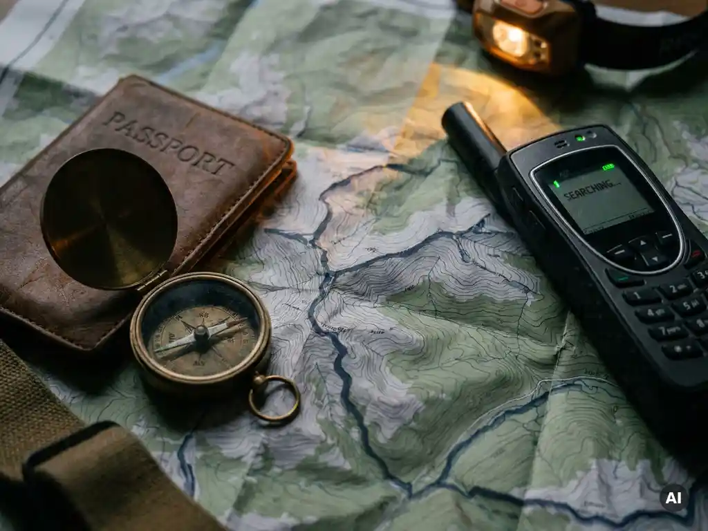Weathered passport and compass on a topographic map beside a satellite phone, suggesting remote wilderness emergency navigation.