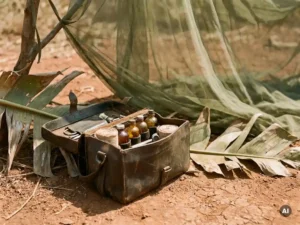 Worn leather medical kit open on red laterite soil, surrounded by tropical leaves with a mosquito net draped nearby.