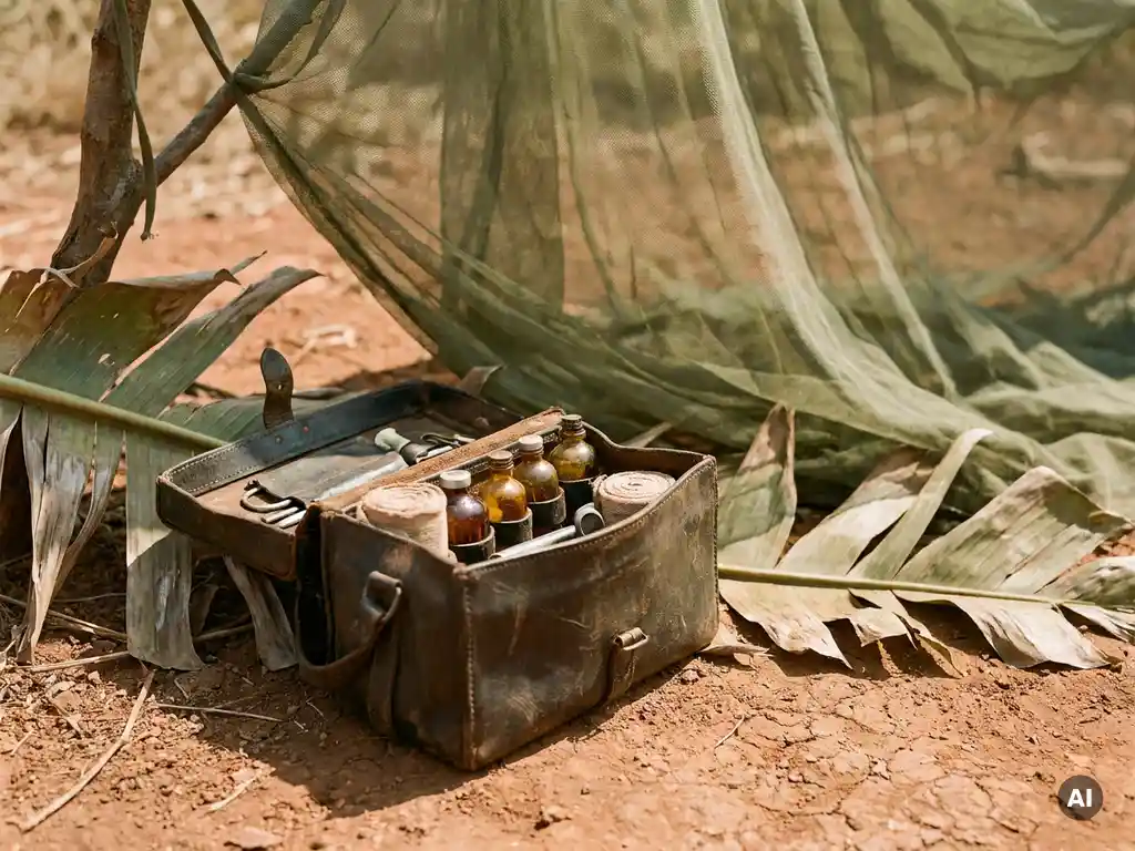 Worn leather medical kit open on red laterite soil, surrounded by tropical leaves with a mosquito net draped nearby.