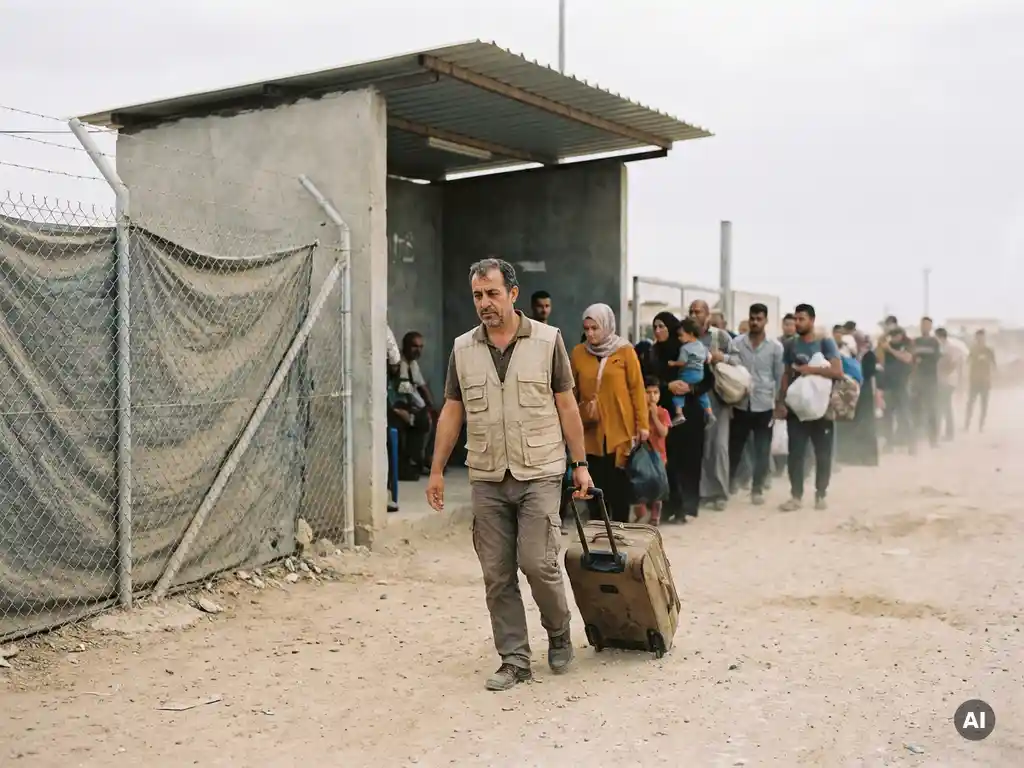 Aid worker pulling wheeled luggage through a dusty border crossing checkpoint, civilians queuing behind chain-link fencing under overcast light.