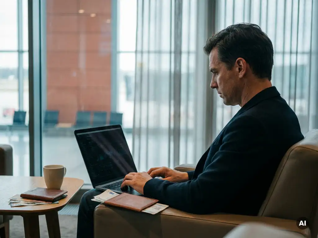 Business traveler reviewing encrypted laptop content in a quiet airport lounge, with a leather passport holder and foreign currency on the table nearby.