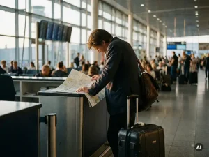Business traveler studying a paper map at an airport departure gate, rolling luggage nearby, soft natural light from terminal windows.