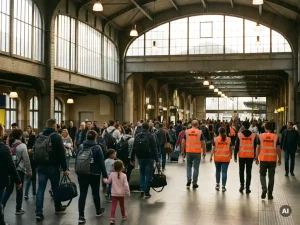 Families with bags moving through a sunlit urban transit hub, guided by aid workers in bright vests toward exits.
