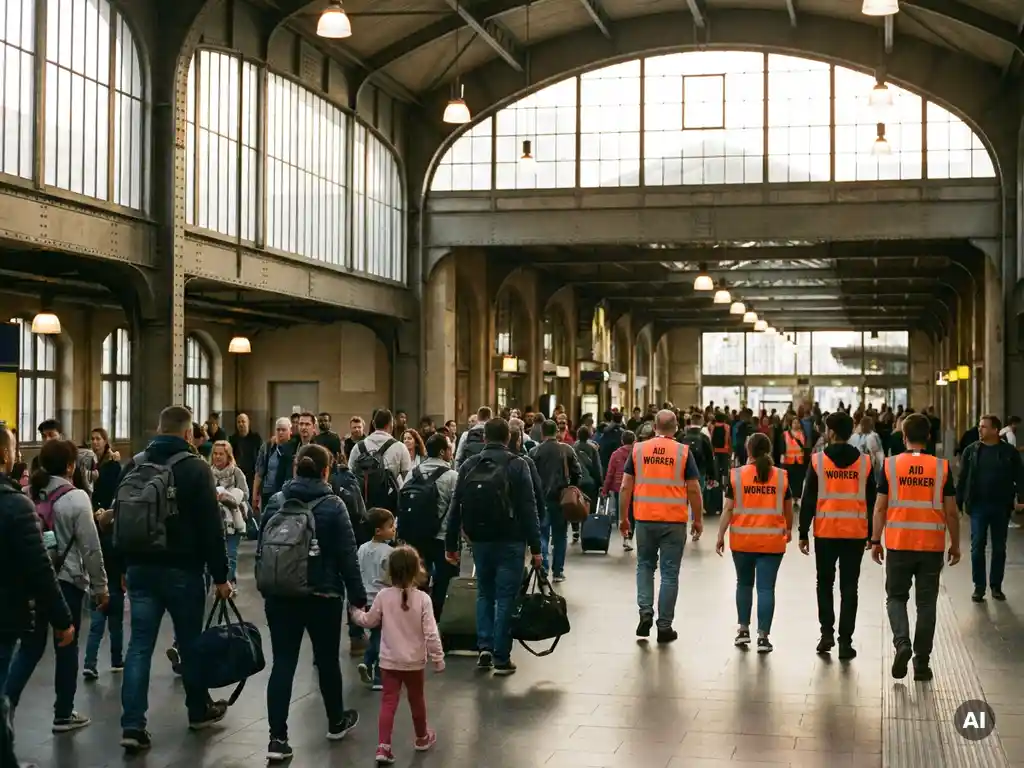 Families with bags moving through a sunlit urban transit hub, guided by aid workers in bright vests toward exits.