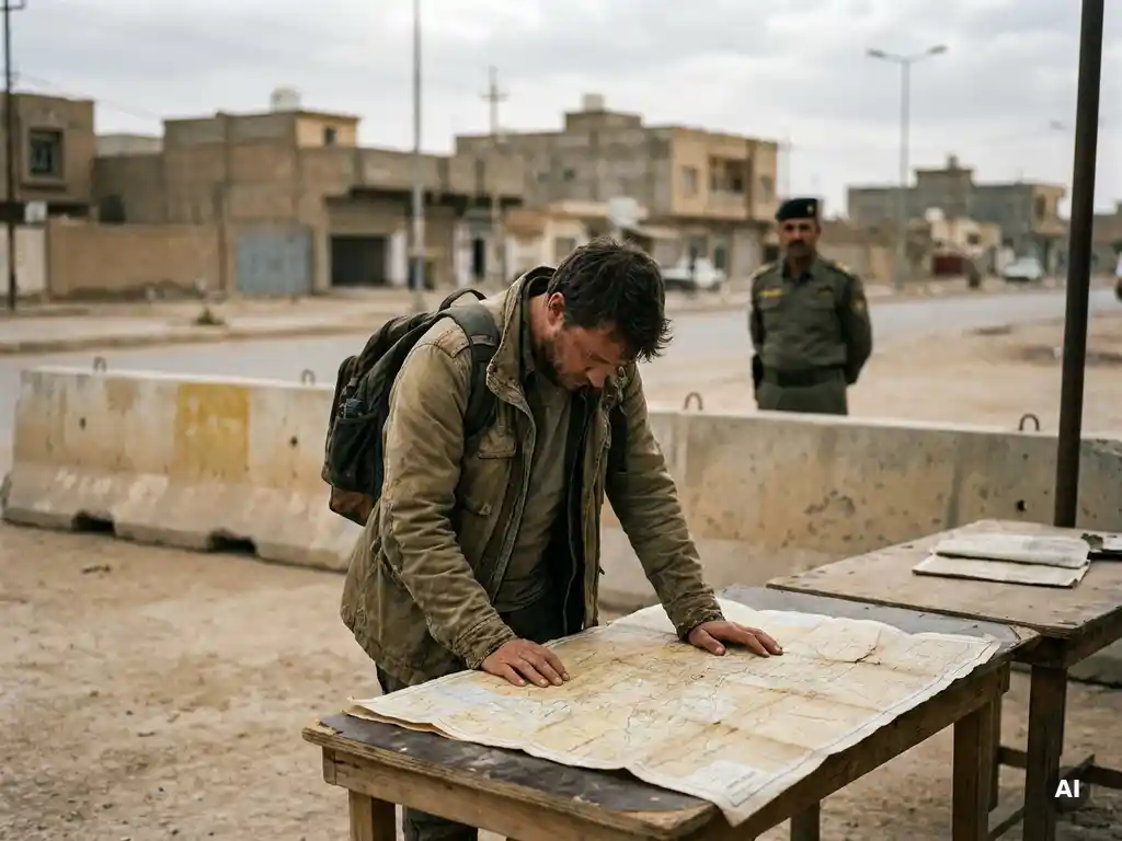 Foreign national traveller studying a worn paper map at a dusty roadside checkpoint with cracked concrete barriers in the background.