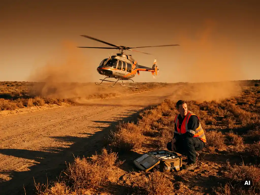 Civilian medevac helicopter descending at golden hour while a paramedic in an orange vest crouches beside a medical kit on a dusty road.
