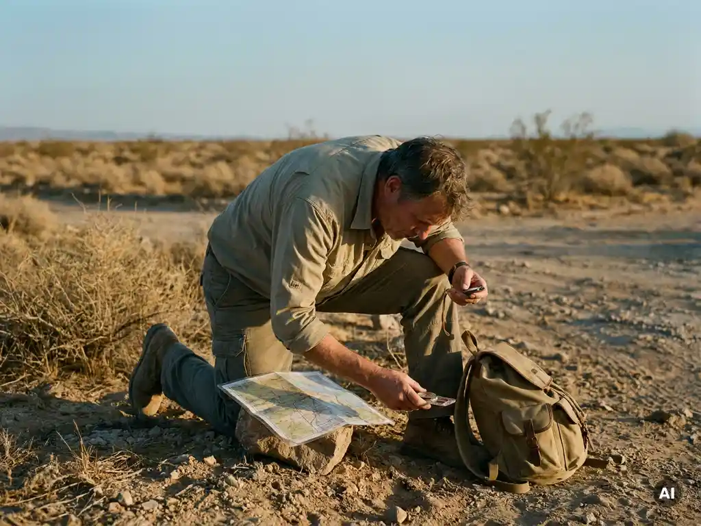 Person navigating with map and compass at a dusty arid crossroads, worn backpack at their feet, sparse scrubland stretching to the horizon.