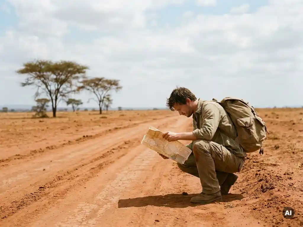 Lone traveler with weathered backpack reading a paper map beside a dusty red-clay road in the Sahel, sparse acacia trees under a pale blue sky.