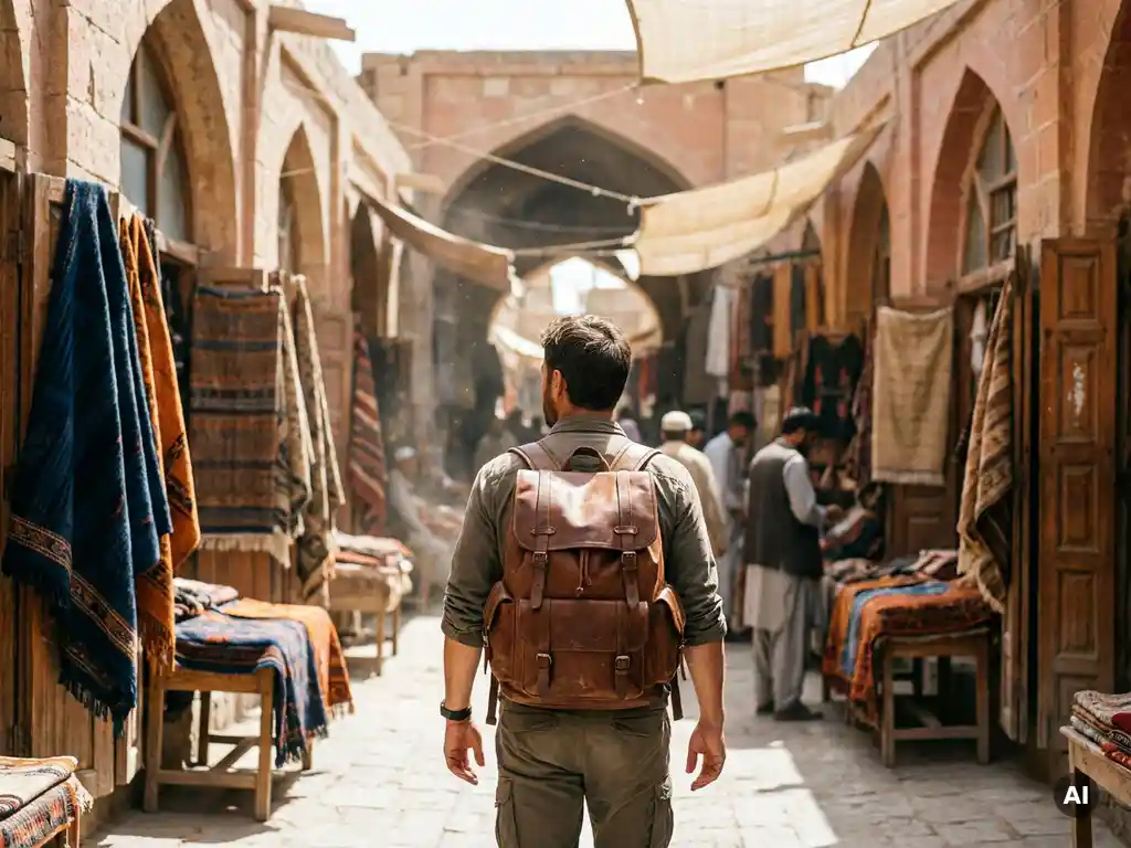Solo traveller with worn leather backpack walking through a sunlit Afghan bazaar lined with colourful fabric stalls and sandstone archways.