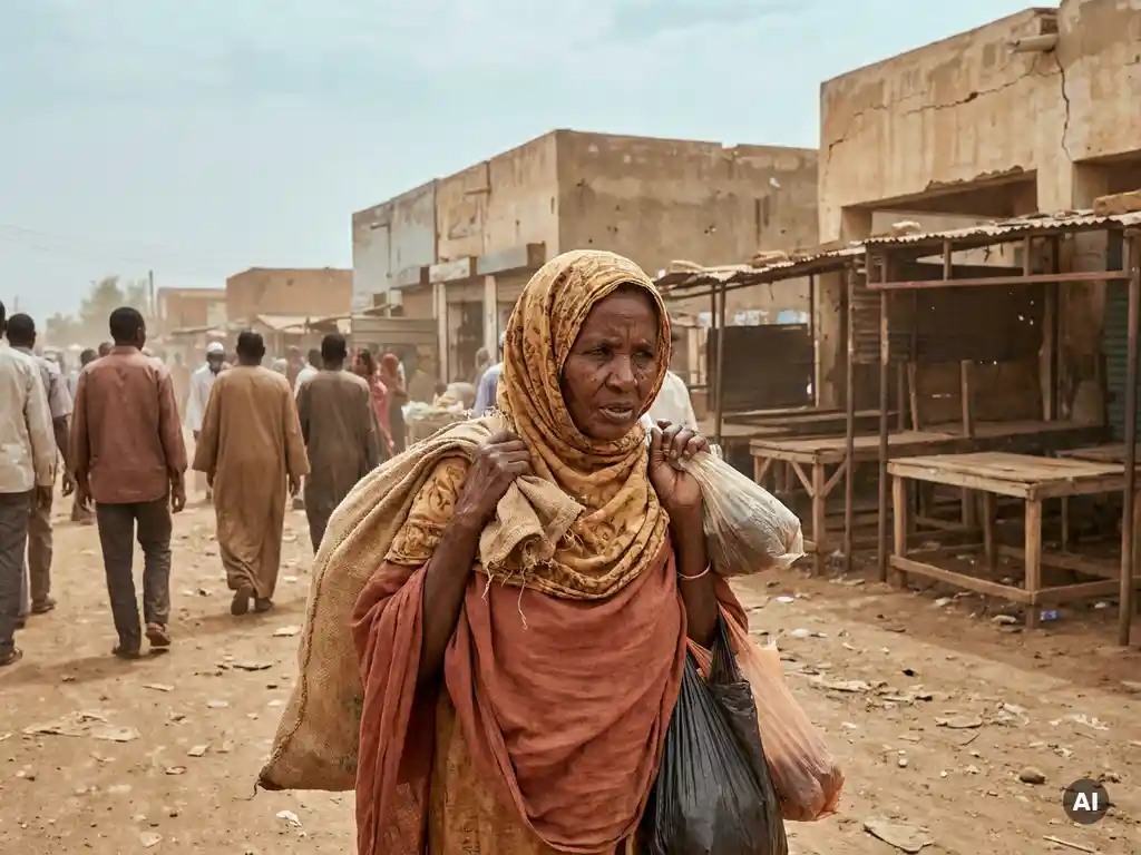Sudanese woman carrying supplies through a sparse Khartoum market, cracked earth and weathered buildings in the background.