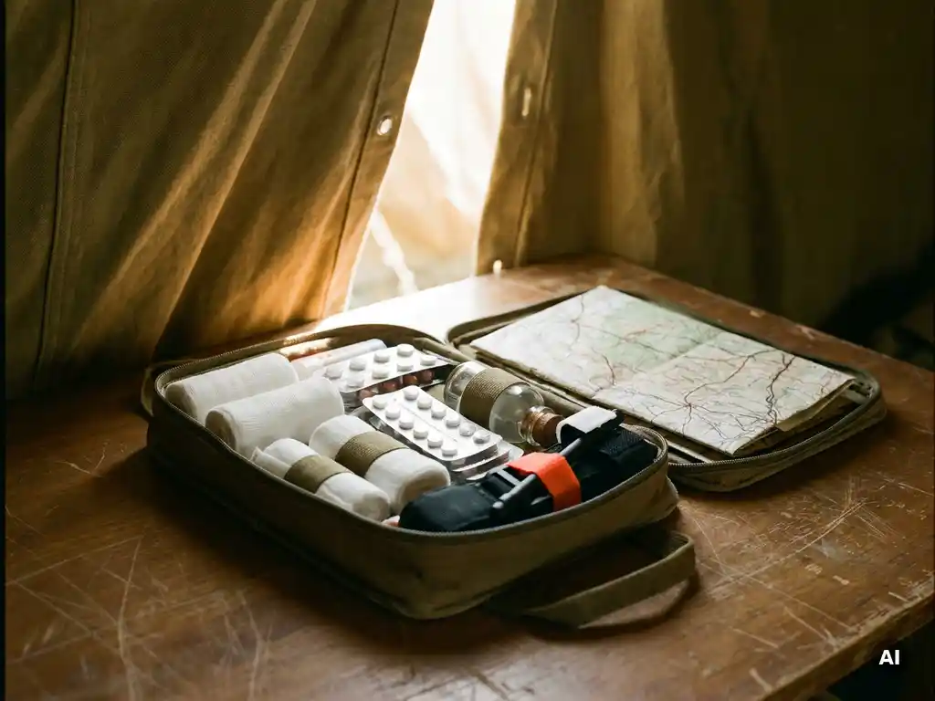 Open travel medical kit on a field table with gauze, medications, tourniquet, and regional map inside a canvas tent.