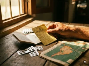 Weathered hand holding a yellow fever vaccination card beside an open passport, with malaria tablets and a regional map on a rustic wooden surface.