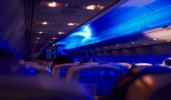 Back view of anonymous people sitting on passenger seats in modern airplane illuminated by blue light